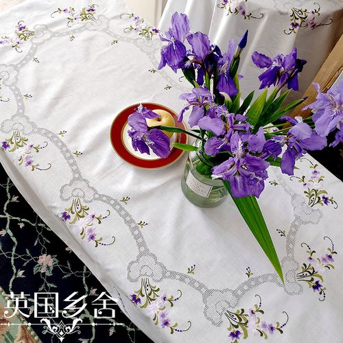 紫色色调高级配色纯棉手工刺绣抽纱镂空外贸桌布